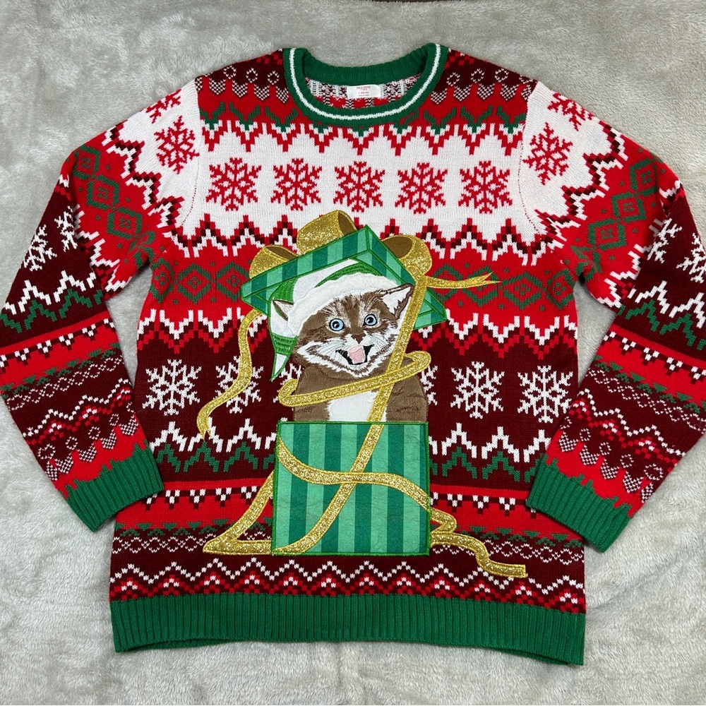 Holiday Time Ugly Christmas Sweater Size Large Cat in Present Gift Party